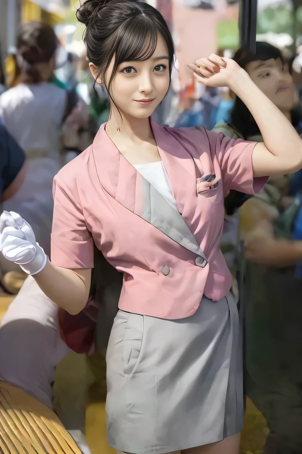 (masterpiece:1.2, Best Quality:1.2), 32K HDR, High resolution, (Alone、1 girl)、（On the roof of a building during the day、Professional Lighting）、Building rooftop background、（Nankai train crew uniform pinkを着たリアルスタイル）、（Nankai Railway crew uniform, pink, short sleeve, collarless, pink jacket、Nankai Railway crew uniform pink no-collar short-sleeve blouse、Nankai Railway crew uniform pink grey knee-length culottes）、（（The bottom of the pink short-sleeved jacket cannot be tucked into the clay-colored culottes..））、Dark brown hair、（Hair tied up、Hair Bun、Hair Bun）、Dark brown hair、Long Shot、Big Breasts、Thin legs、（（Great hands：2.0）），（（Harmonious body proportions：1.5）），（（Normal limbs：2.0）），（（Normal finger：2.0）），（（Delicate eyes：2.0）），（（Normal eyes：2.0））)、smile、（Nankai Railway crew uniform pink grey knee-length culottesを見せた美しい立ち姿） 