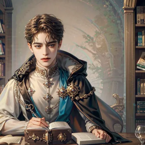 a young beautiful prince with dark brown curly hair wearing a crown and a cloak sitting in his renaissance desk and beautiful gl...