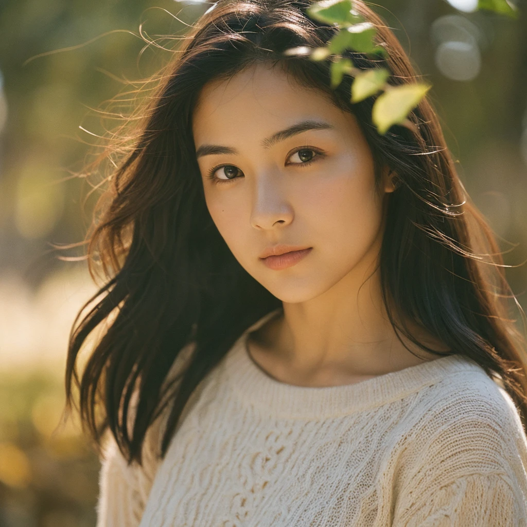 A hyper-realistic image of a single Japanese woman in her early 20s, captured with the nostalgic warmth and subtle graininess of a film camera. Her skin has a warm beige tone with a natural, slightly rough texture that includes visible pores, fine lines, and subtle imperfections such as small blemishes, adding to the authenticity of her appearance. The soft, diffused natural light enhances the film-like quality, casting gentle shadows that create a timeless, organic feel. Her straight, glossy black hair frames her face in a natural, slightly tousled manner, and her deep brown eyes reflect the ambient light, adding depth and emotion. The film camera effect introduces a slight grain and a softer focus, giving the image a warm, nostalgic atmosphere while maintaining the realistic texture of her skin. She is dressed simply, in a way that complements her natural beauty, with the overall composition designed to evoke a sense of genuine, understated elegance. The use of natural light, combined with the deliberately rougher texture of her skin and the film-like qualities, ensures that this image captures the imperfections that make her beauty truly lifelike, focusing solely on this one individual.