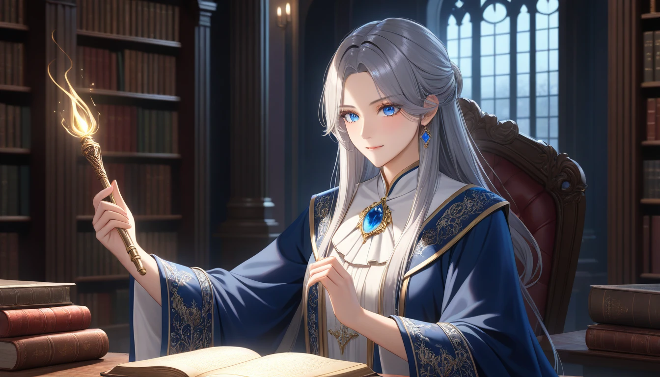 Character Name: Aria Age/gender: Woman Background: Born into a family of wizards、Noble family appearance: Long silver hair、Blue Eyes、Thin face and high cheekbones: Antique Wizard Robe、Silver embroidery、Blue gemstone decoration accessories: Magic wand、Gemstone Brooch Posture: Sitting、Holding a cane: Impression of casting a magic spell: Elegant and mysterious background: Library of Magic、Old books and candlelight(best quality,4K,8k,highres,masterpiece:1.2),ultra-detailed,(realistic,photorealistic,photo-realistic:1.37),extremely detailed illustration, beautiful detailed eyes, extremely detailed face, very detailed lighting, painting, very beautiful 8K CG wallpaper, anime, 1 girl, Alone, beautiful