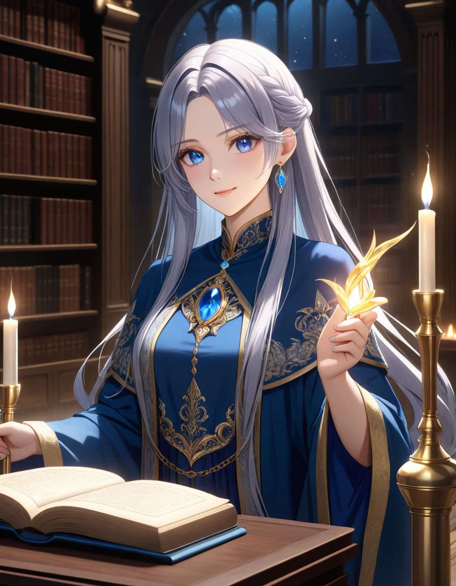 Character Name: Aria Age/gender: Woman Background: Born into a family of wizards、Noble family appearance: Long silver hair、Blue Eyes、Thin face and high cheekbones: Antique Wizard Robe、Silver embroidery、Blue gemstone decoration accessories: Magic wand、Gemstone Brooch Posture: Sitting、Holding a cane: Impression of casting a magic spell: Elegant and mysterious background: Library of Magic、Old books and candlelight(best quality,4K,8k,highres,masterpiece:1.2),ultra-detailed,(realistic,photorealistic,photo-realistic:1.37),extremely detailed illustration, beautiful detailed eyes, extremely detailed face, very detailed lighting, painting, very beautiful 8K CG wallpaper, anime, 1 girl, Alone, beautiful