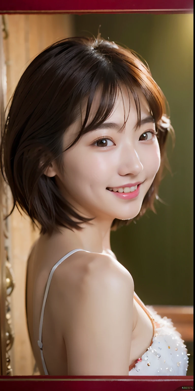 incredibly absurd, beautiful and cute 20-year-old Korean girl with a photorealistic face, showcasing top-quality craftsmanship. Her slender frame adorned with short, messy hair. The artwork high-resolution, allowing for ultra-detailed features to be captured flawlessly. The girl is wearing Christmas Costume. The focus lies on the realistic pupils, showcasing depth and emotion. ((breasts out)) cute smile.