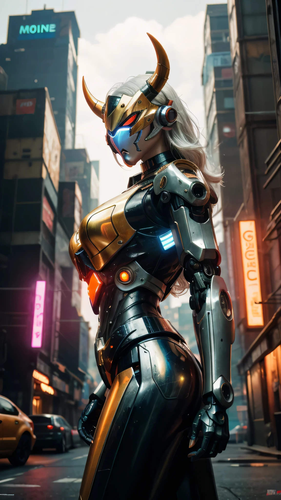 1girl, a beautiful girl cyborg cyberpunk with a cyberpunk city tall buildings, white hair, cybermask, white and orange and black machine suit color combination, the body full of machine, realistic futuristic hologram, asian skin tone, beautiful eye, beautiful asian face, cyber ear machine, suits is solid mecha, realistic machine, sci fi scape, manipulation is a masterpiece, long hair, masterpiece, suit of cyberpunk, realistic sci fi building texture mecha aestethic, digital cyberpunk, looming over a city, cyber technology, realistic hair, lots of hair, white of hair, realistic metal solid texture of building, realistic neon glow, realistic neon sign, wonderful side lighting, realistic futuristic cyberpunk building, realistic girl robot cyberpunk, fog, foogy, masterpiece of detail, RAW IMAGE, depth of field, point of interes, depth of field is masterpiece, best photography composition masterpiece, natural realistic hair, rule of third masterpiece photography, natural lighting, photography masterpiece natural lighting from side, realistic skin texture, strong reflection, ( pose pinterest) masterpiece beautiful, Devil Horns, smooth pixel, ray of light, soft light, small breasts, mastepiece of cyber mask, masterpiece fantasy gun, carry a fantasy weapon, weapon fantasy (artstation)