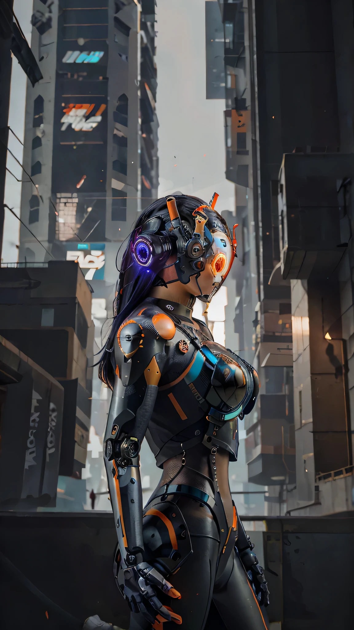 1girl, a beautiful girl cyborg cyberpunk with a cyberpunk city tall buildings, white hair, cybermask, white and orange and black machine suit color combination, the body full of machine, realistic futuristic hologram, asian skin tone, beautiful eye, beautiful asian face, cyber ear machine, suits is solid mecha, realistic machine, sci fi scape, manipulation is a masterpiece, long hair, masterpiece, suit of cyberpunk, realistic sci fi building texture mecha aestethic, digital cyberpunk, looming over a city, cyber technology, realistic hair, lots of hair, white of hair, realistic metal solid texture of building, realistic neon glow, realistic neon sign, wonderful side lighting, realistic futuristic cyberpunk building, realistic girl robot cyberpunk, fog, foogy, masterpiece of detail, RAW IMAGE, depth of field, point of interes, depth of field is masterpiece, best photography composition masterpiece, natural realistic hair, rule of third masterpiece photography, natural lighting, photography masterpiece natural lighting from side, realistic skin texture, strong reflection, ( pose pinterest) masterpiece beautiful, Devil Horns, smooth pixel, ray of light, soft light, small breasts, mastepiece of cyber mask, masterpiece fantasy gun, carry a fantasy weapon, weapon fantasy (artstation)