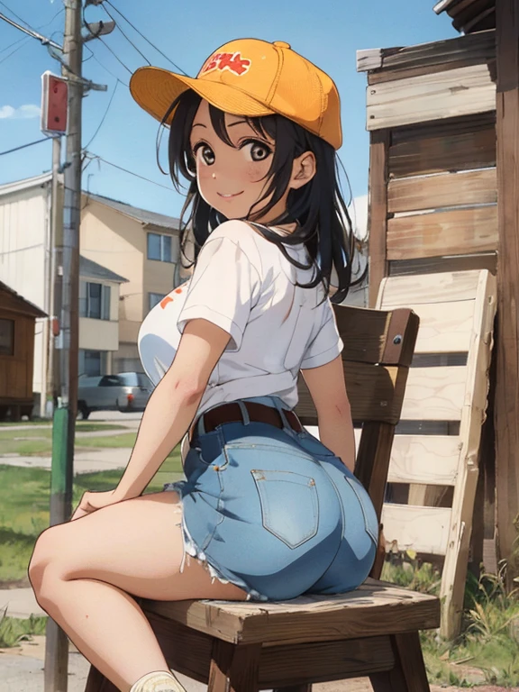 1 female, tan skin, brown skin, huge breast, black 50s long hair, 50s cowgirl clothes, 70s short short, thick legs, sexy lip, red lip, 80s cap, 80s shoes, 60s place, 70s stuff, blue sky, smile, sitting down, in the chair, thick ass, ass, grabbing own ass, ass cheek