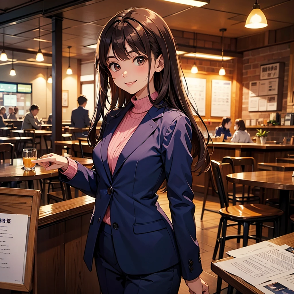 Best Quality、masterpiece、High resolution、Business Teacher、Small, round breasts、Alone、Facing forward and smiling、Brown long hair、Blue suit、Pink Sweater、Inside the cafe、evening