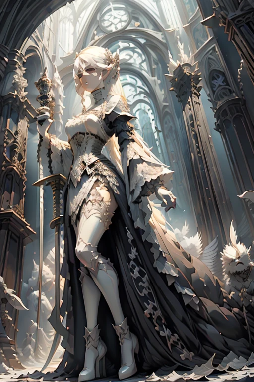 Best Quality, masterpiece, 4k, 8k, wallpaper, game cg, concept art, highly detailed CG , Anime style, highly detailed illustration, character design, female, mature, mysterious, victorian outfit, white victorian elegant, (long sword:1.4), (white ceramic face:1.3), short hair, bob, (black heels:1.3), dark fantasy, grim, dead tree, crows, gloomy, abandoned church, low angle, full body, sunset lighting