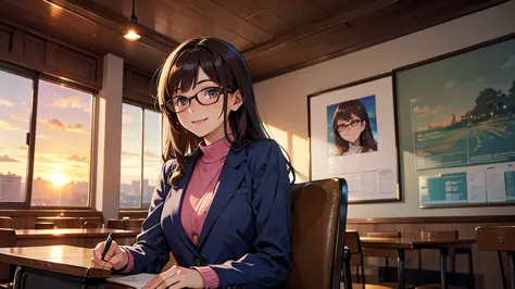 best quality、masterpiece、high resolution、business teacher wearing glasses、small, round breasts、alone、facing forward and smiling、...