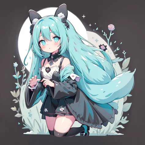 chibi、cyan background、black clothes、long sleeves with flared cuffs、shoulders are exposed、one-piece flared skirt、holding a stuffe...