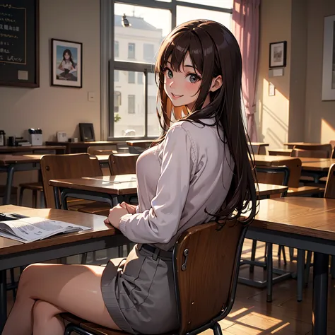 best quality、masterpiece、high resolution、business teacher、small, round breasts、alone、sitting at a desk、facing forward and smilin...