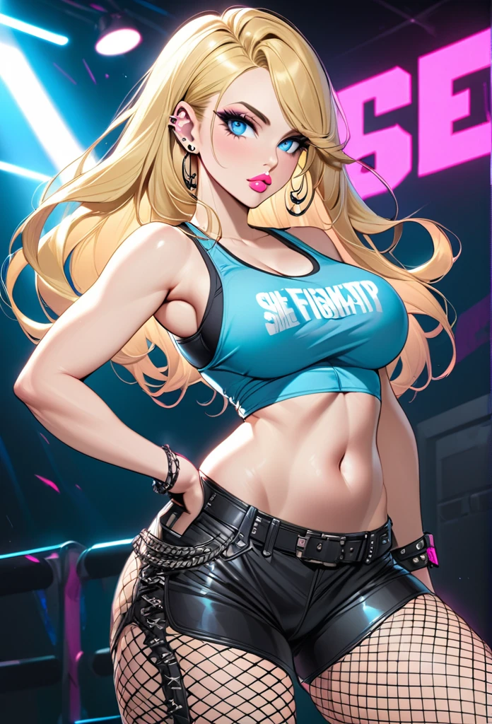 Woman, with very long blond hair, with light blue eyes, she is wearing a tank top with bootyshorts with fishnet tights, with combat boots, she has good hips, she has big boobs, she has piercings, she is wearing pink eyeshadow, she has pink lips.