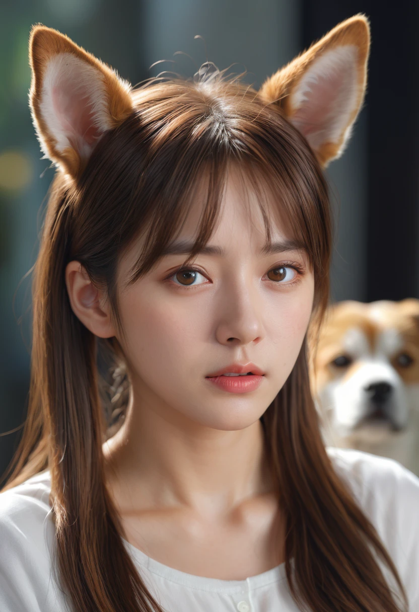 1girl, inugami korone, brown hair, dog ears, confused, head tilt, (best quality,4k,8k,highres,masterpiece:1.2),ultra-detailed,(realistic,photorealistic,photo-realistic:1.37),HDR,UHD,studio lighting,ultra-fine painting,sharp focus,physically-based rendering,extreme detail description,professional,vivid colors,bokeh