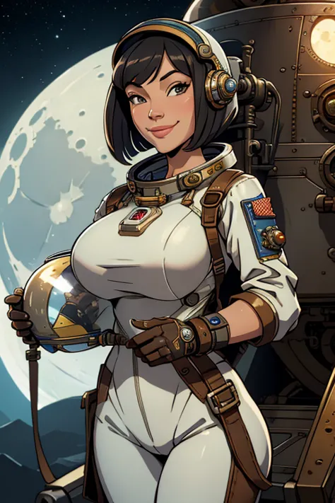 astronaut bob haircut, big breasts, astronaut steampunk outfit, steampunk astronaut helm, smile, in moon