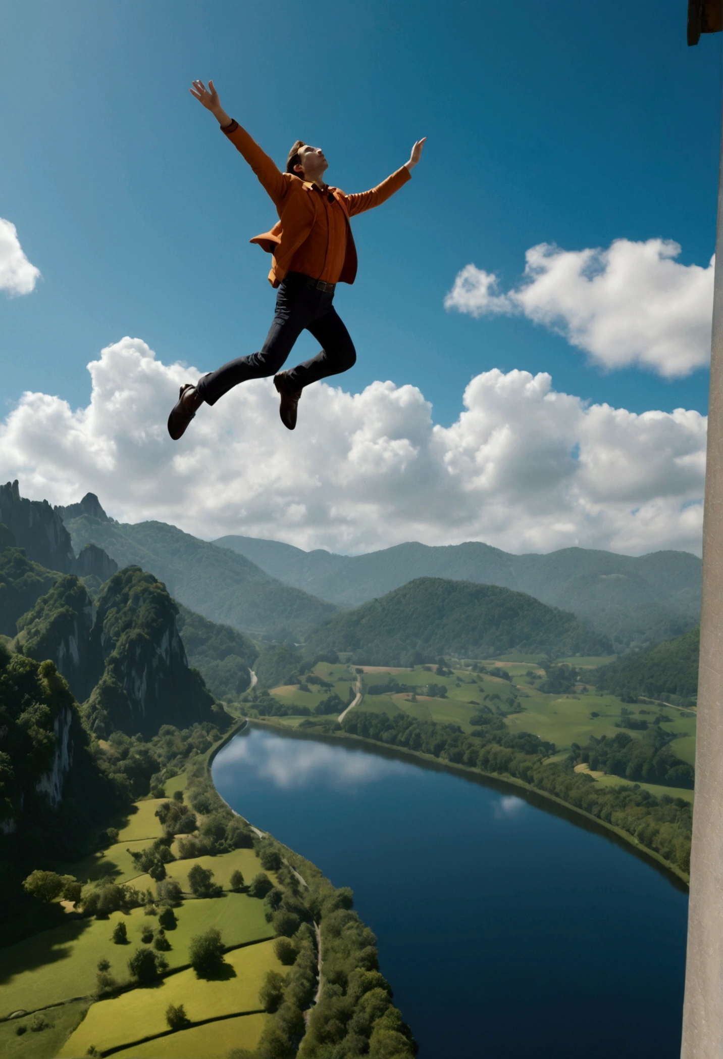 Scene from a dream, human flight, Without gravity, flight of , Dreaming of flying, firmameno, (better, 4k, 8K, High resolution, masterpiece: 1.2), Ultra detailed, (realistic, fotorrealistic, fotorrealistic: 1.37), portrait, natural lighting, vibrant colors