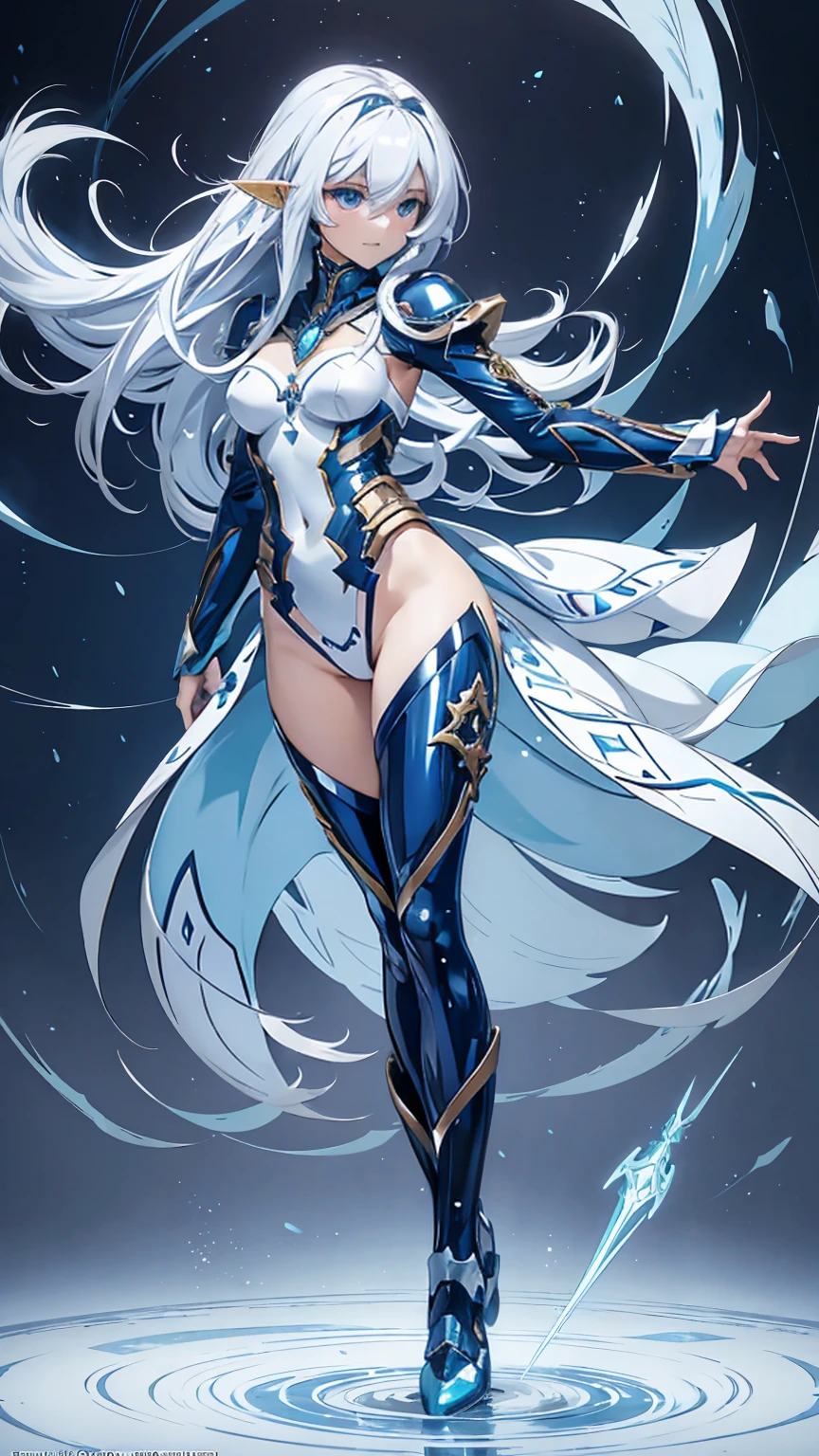 Professor Elowen Mistralight, a 2 elf woman, medium height and delicate elf with silver hair, mysterious and penetrating light blue eyes, He wears a robe with patterns of wind and water, tight light blue fabric pants, long, with navy blue riding boots, the boots reach the knee, a magic wand and castle background, anime style. Individual image of her in full body. He is in action pose. Has one leg raised with the knee bent, His mouth is slightly open as if he had exercised a lot.. He has light skin. She has her hair down and blowing in the wind.. feminine and sexy body.