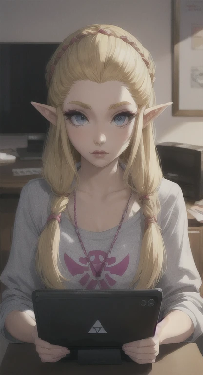 Modern Hylian, blonde, gamer girl, princess Zelda, desk, looking at computer screen, long messy hair, modern Hyrule, Hyrule castle, her bedroom, gaming, Livestream, 