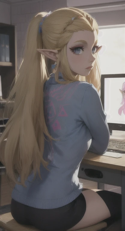 Modern Hylian, blonde, gamer girl, princess Zelda, desk, looking at computer screen, long messy hair, modern Hyrule, Hyrule castle, her bedroom, gaming, Livestream, 