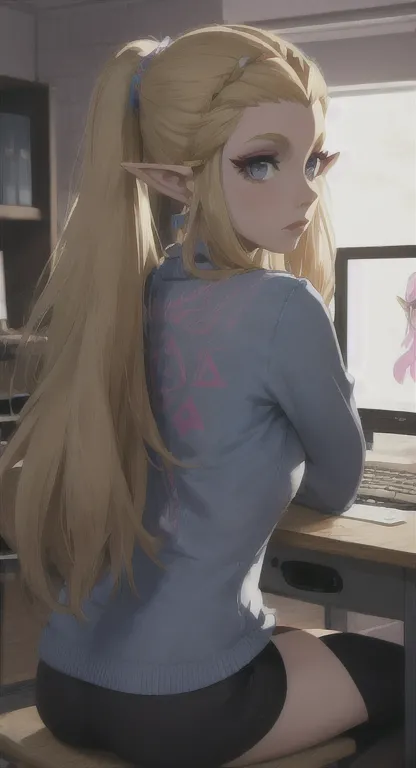 modern hylian, blonde, gamer girl, princess zelda, desk, looking at computer screen, long messy hair, modern hyrule, hyrule cast...