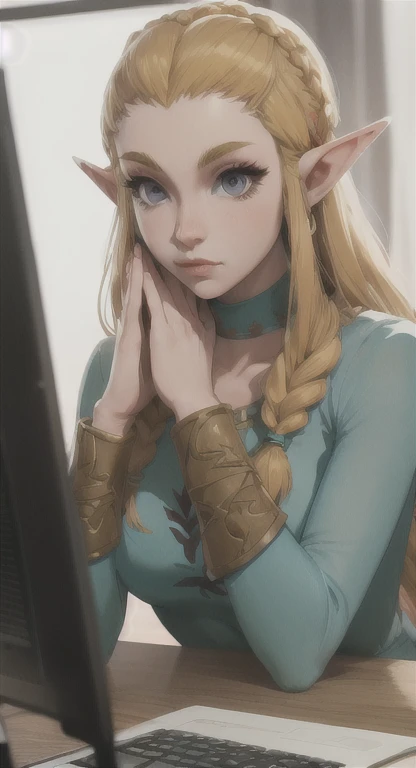 Modern Hylian, blonde, gamer girl, princess Zelda, desk, looking at computer screen, long messy hair, modern Hyrule, Hyrule castle, her bedroom, Livestream, 