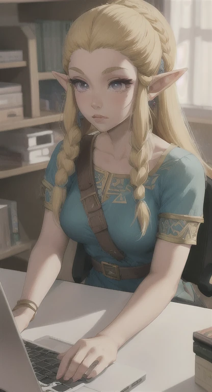 Modern Hylian, blonde, gamer girl, princess Zelda, desk, looking at computer screen, long messy hair, modern Hyrule, Hyrule castle, her bedroom, Livestream, 