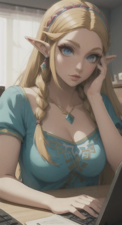 Modern Hylian, blonde, gamer girl, princess Zelda, desk, looking at computer screen, long messy hair, modern Hyrule, Hyrule castle, her bedroom, Livestream, 