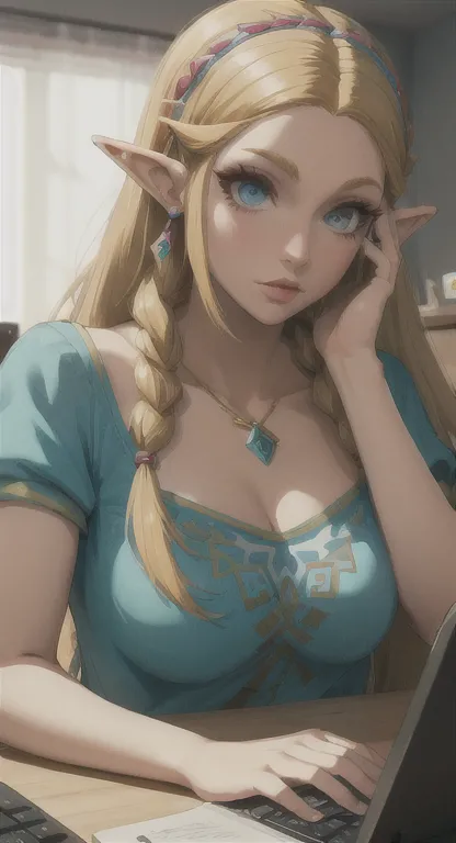 modern hylian, blonde, gamer girl, princess zelda, desk, looking at computer screen, long messy hair, modern hyrule, hyrule cast...