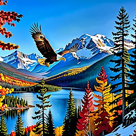 here is a breathtaking, ultra-realistic fall mountain scene with towering, snow-capped peaks in the distance. the mountains rise...