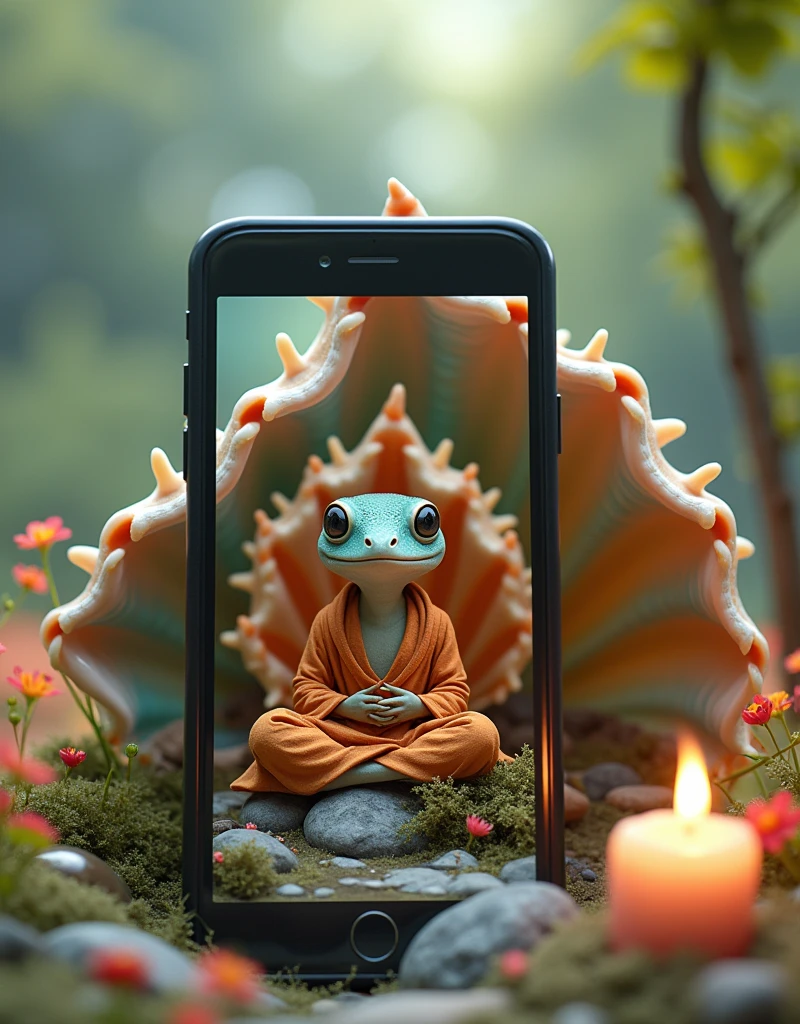 View from a smartphone screen lying on floral grass. The screen shows a miniature meditation retreat in a colorful house made of seashell, with a miniature lizard monk in elegant robes meditating peacefully, surrounded by miniature candles and a miniature zen garden at night.