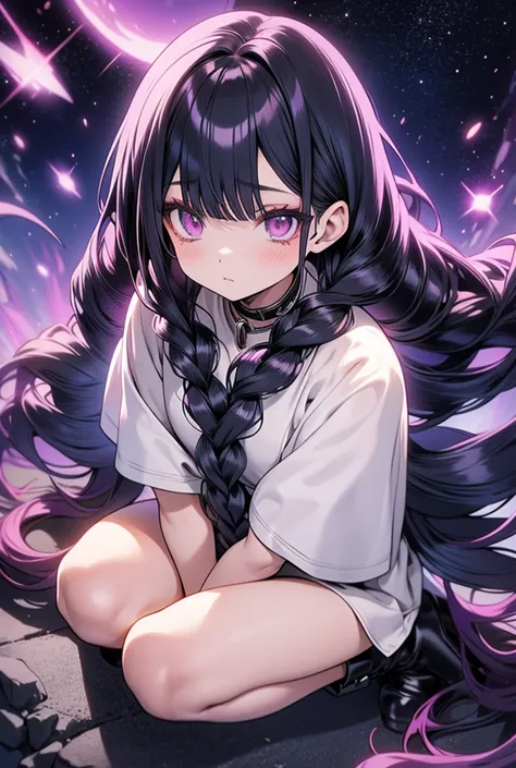 anime, manga, young woman, very long hair, wavy hair, purple hair, braids in her hair, side bangs, lilac eyes, masterpiece, beau...