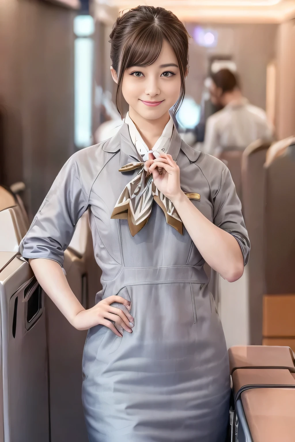 (masterpiece:1.2、Best Quality:1.2)、32kHDR、High resolution、(alone、1 girl、Slim figure)、（Starlux Airlines Cabincrew Uniform）、 (At the airport counter, Professional Lighting)、A proper woman, Beautiful Face,、（Starlux Airlines Cabincrew Uniform Short Sleeve）、（Starlux Airlines Cabincrew Uniform）、（Scarf on chest）、Big Breasts、（Long Hair、Hair Bun）、Dark Brown Hair、Long Shot、Place your hands underneath your head.、（（Great hands：2.0））、（（Harmonious body proportions：1.5））、（（Normal limbs：2.0））、（（Normal finger：2.0））、（（Delicate eyes：2.0））、（（Normal eyes：2.0））)、Beautiful standing posture、smile
