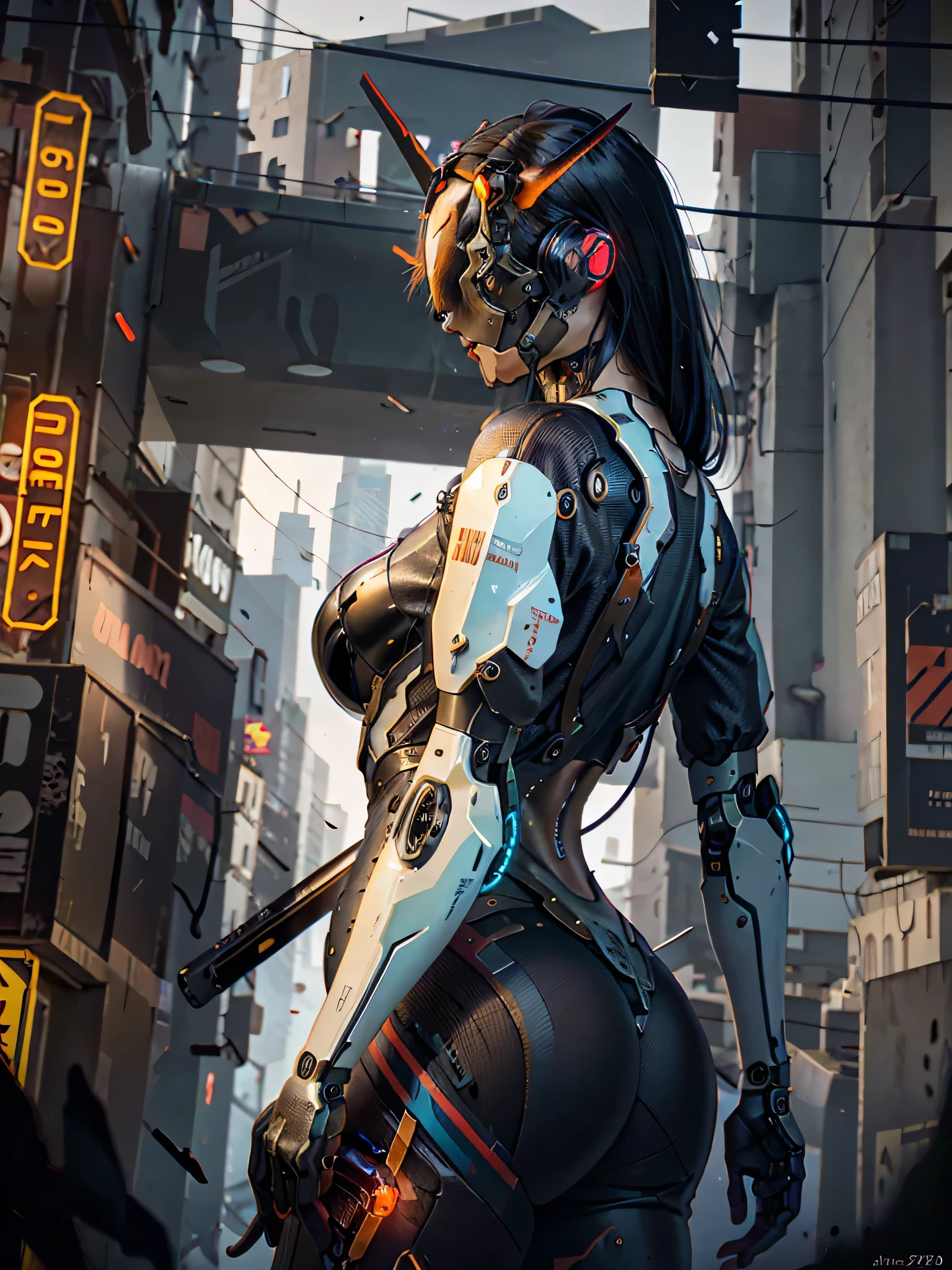 1girl, a beautiful girl cyborg cyberpunk with a cyberpunk city tall buildings, white hair, cybermask, white and orange and black machine suit color combination, the body full of machine, realistic futuristic hologram, asian skin tone, beautiful eye, beautiful asian face, cyber ear machine, suits is solid mecha, realistic machine, sci fi scape, manipulation is a masterpiece, long hair, masterpiece, suit of cyberpunk, realistic sci fi building texture mecha aestethic, digital cyberpunk, looming over a city, cyber technology, realistic hair, lots of hair, white of hair, realistic metal solid texture of building, realistic neon glow, realistic neon sign, wonderful side lighting, realistic futuristic cyberpunk building, realistic girl robot cyberpunk, fog, foogy, masterpiece of detail, RAW IMAGE, depth of field, point of interes, depth of field is masterpiece, best photography composition masterpiece, natural realistic hair, rule of third masterpiece photography, natural lighting, photography masterpiece natural lighting from side, realistic skin texture, strong reflection, ( pose pinterest) masterpiece beautiful, Devil Horns, smooth pixel, ray of light, soft light, small breasts, mastepiece of cyber mask, masterpiece fantasy gun, carry a fantasy weapon, weapon fantasy (artstation)