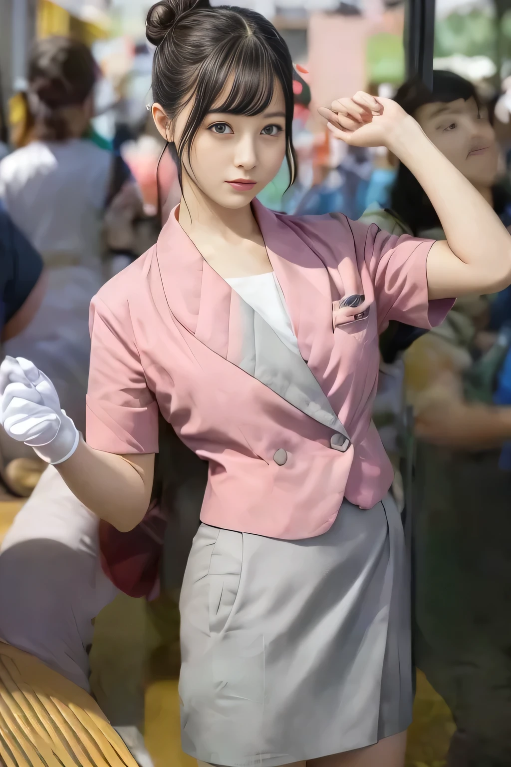 (masterpiece:1.2, Best Quality:1.2), 32K HDR, High resolution, (Alone、1 girl)、（On the roof of a building during the day、Professional Lighting）、Building rooftop background、（Nankai train crew uniform pinkを着たリアルスタイル）、（Nankai Railway crew uniform, pink, short sleeve, collarless, pink jacket、Nankai Railway crew uniform pink no-collar short-sleeve blouse、Nankai Railway crew uniform pink grey knee-length culottes）、（（The bottom of the pink short-sleeved jacket cannot be tucked into the clay-colored culottes..））、Dark brown hair、（Hair tied up、Hair Bun、Hair Bun）、Dark brown hair、Long Shot、Big Breasts、Thin legs、（（Great hands：2.0）），（（Harmonious body proportions：1.5）），（（Normal limbs：2.0）），（（Normal finger：2.0）），（（Delicate eyes：2.0）），（（Normal eyes：2.0））)、（Nankai Railway crew uniform pink grey knee-length culottesを見せた美しい立ち姿）、Captivating look