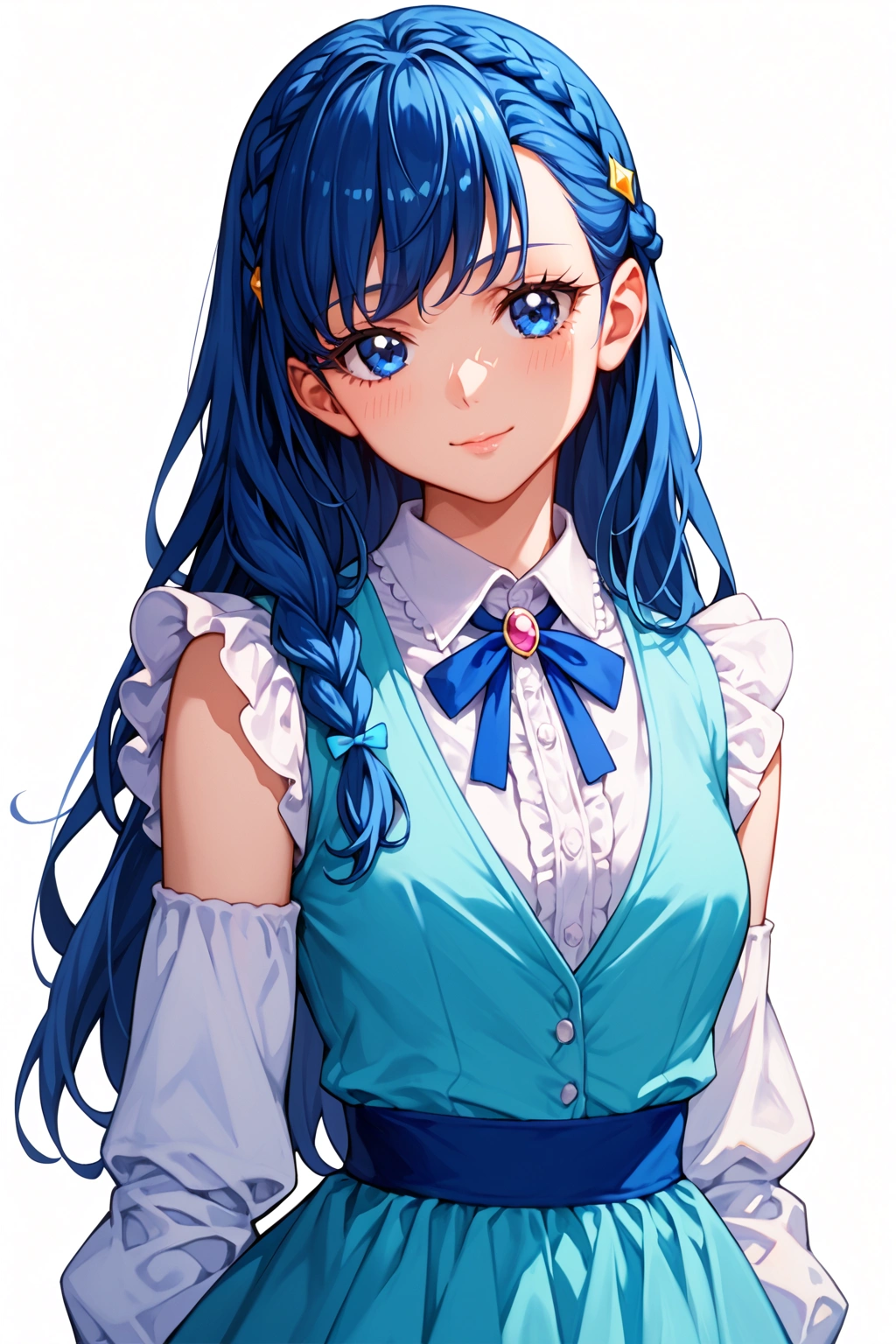 score_9, score_8_up, score_7_up, sourse_anime, (1girl, solo), hishikawa rikka, hishikawa rikka (\dokidoki! precure\), dokidoki! precure, blue hair, braid, side braid, long hair, blue eyes, smile, faint lips,  dress, aqua dress, sleeveless dress, dress shirt, white shirt, collared shirt, friled shirt, frills, long sleeves, blue ribbon, face forcus, simple background, white background