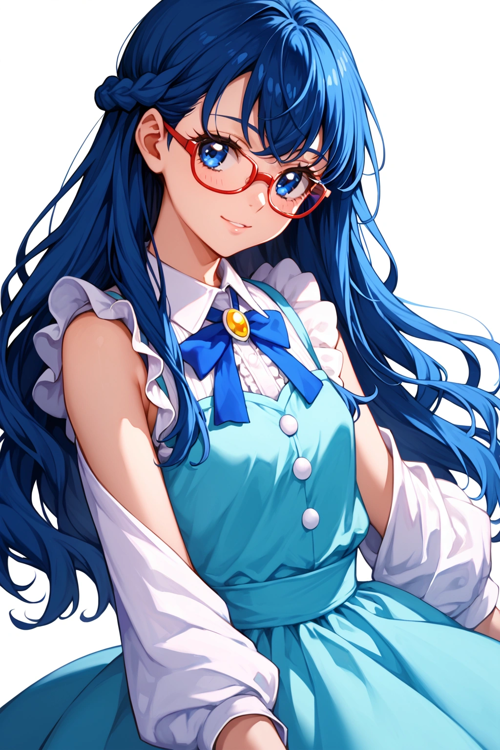 score_9, score_8_up, score_7_up, sourse_anime, (1girl, solo), hishikawa rikka, hishikawa rikka (\dokidoki! precure\), dokidoki! precure, blue hair, side braid, long hair, blue eyes, 
red-framed eyewear, smile, faint lips,  dress, aqua dress, sleeveless dress, white shirt, collared shirt, friled shirt, frills, long sleeves, blue ribbon, face forcus, simple background, white background