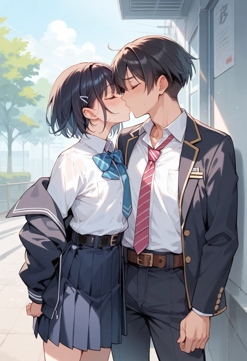 score_9, score_8_up, score_8_up, source_anime, kiss, crossdressing girl, crossdressing boy, school uniform, (high school girl, school uniform, ribbon, white shirt, jacket, skirt), (high school boy, androgynous, school uniform, tie, white shirt, jacket, pants,belt)