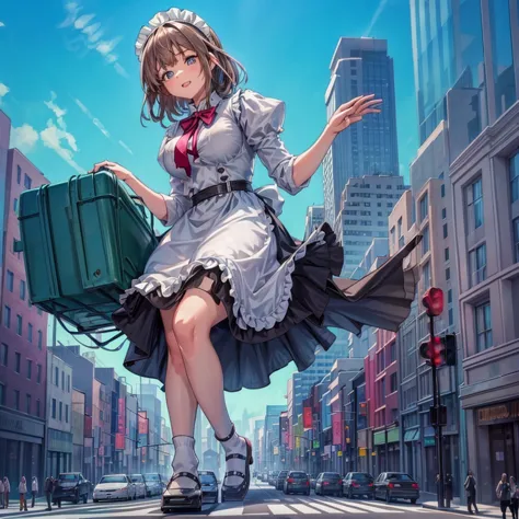 ((girl in a giant maid outfit))　(((a giant girl is walking between buildings))) 

composition seen from below blue sky, thunderc...