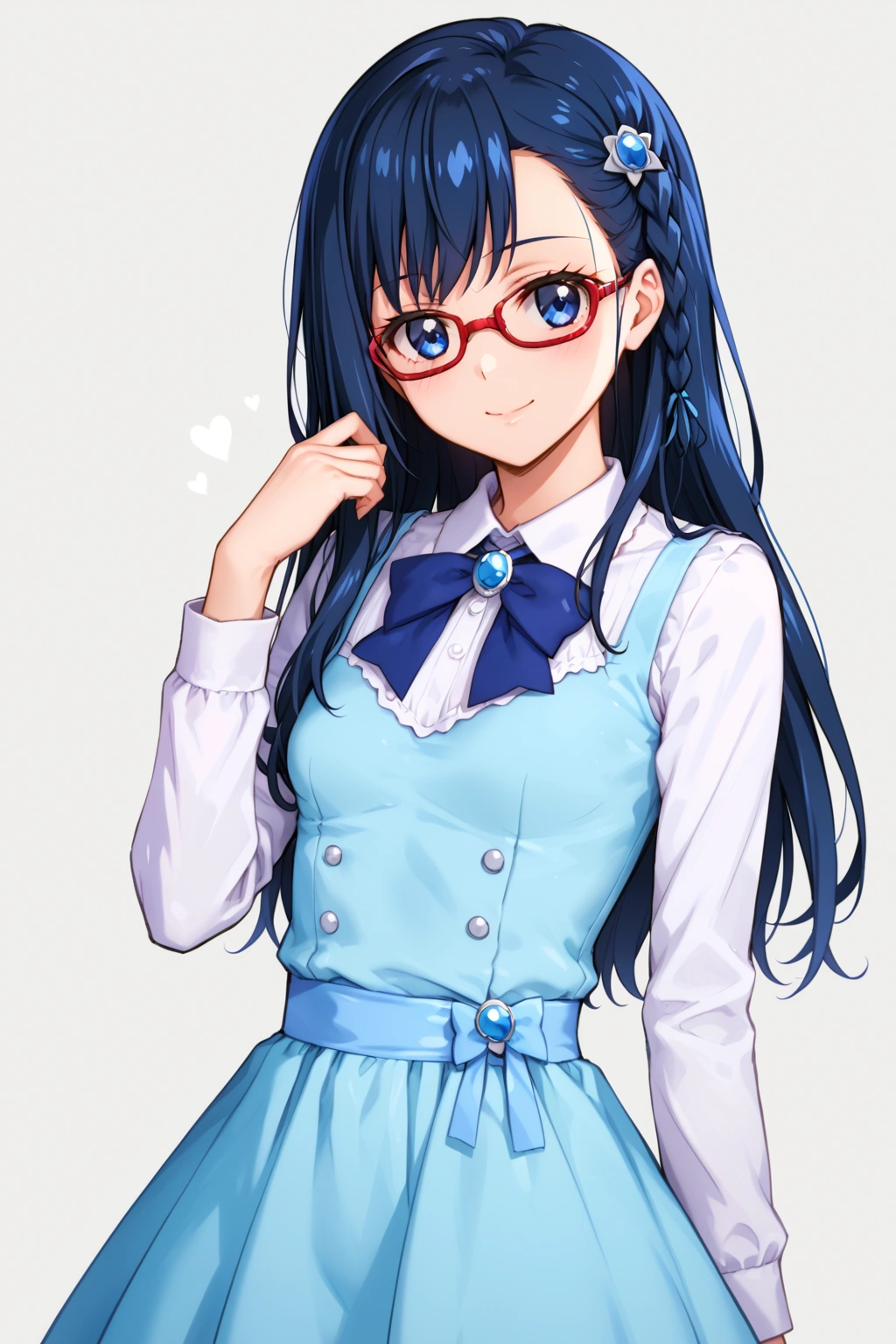 masterpiece, best quality, (1girl, solo), hishikawa rikka, hishikawa rikka (\dokidoki! precure\), dokidoki! precure, blue hair, side braid, long hair, blue eyes, 
red-framed eyewear, smile, faint lips,  dress, aqua dress, white shirt, collared shirt, friled shirt, long sleeves, blue ribbon, face forcus, simple background, white background