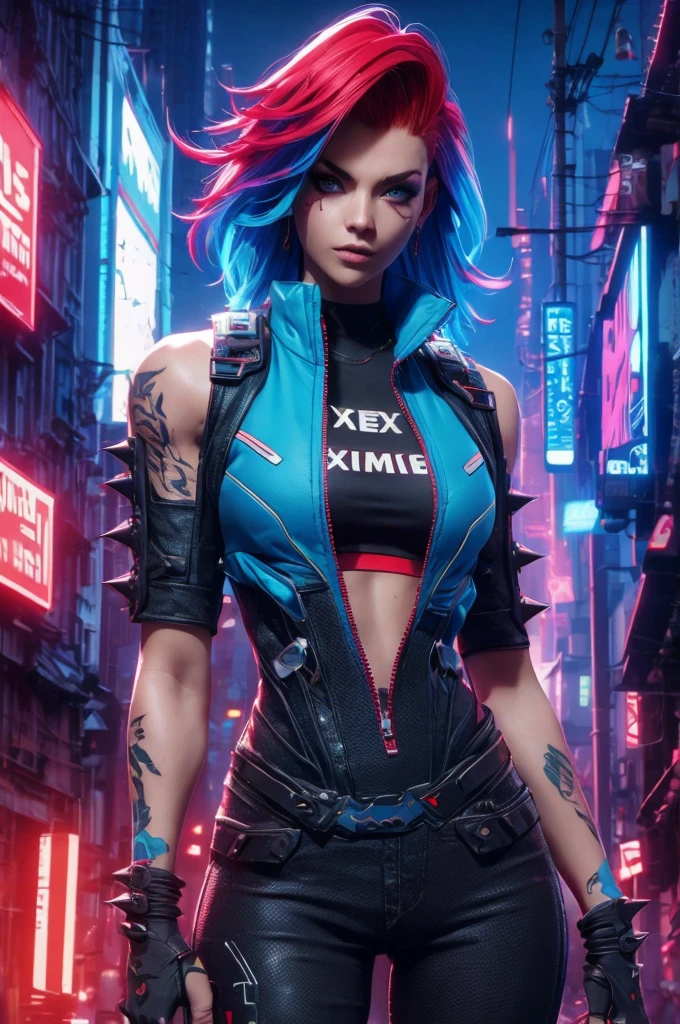 female with red spiky hair and blue top, metal cyberpunk tattoo on face!, Xtreme, breasts, medium breasts, open blue vest, open clothes, dirt on her clothes and face, black costume, , dramatic lighting, realistic colors, highres, vivid colors, stunning neon city landscape background, 8K image quality, Masterpiece