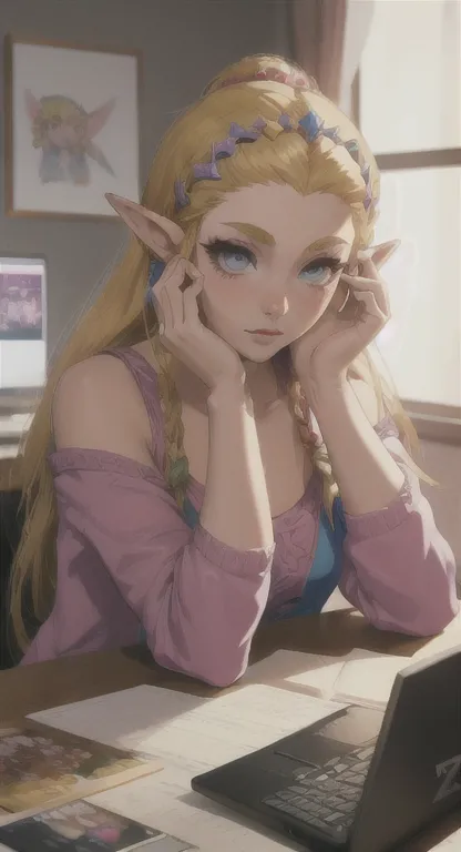 modern hylian, blonde, gamer girl, princess zelda, desk, looking at computer screen, long messy hair, modern hyrule, hyrule cast...