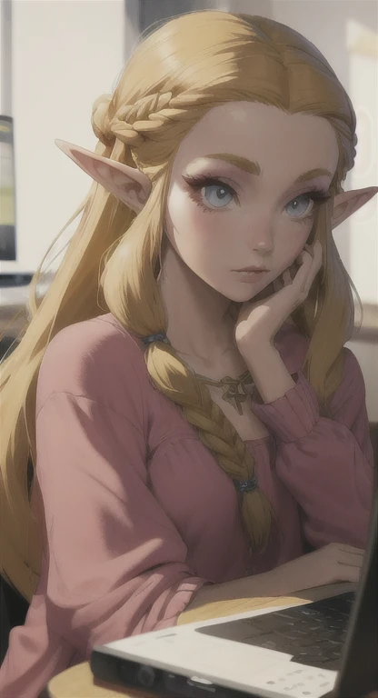 Modern Hylian, blonde, gamer girl, princess Zelda, desk, looking at computer screen, long messy hair, modern Hyrule, Hyrule castle, her bedroom, Livestream, 