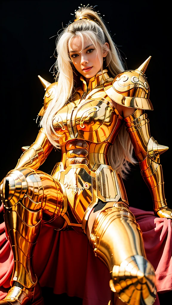 Ultra high saturation（masterpiece）， Full body photo，（The best quality）， （1 girl），White hair,  realistic, (1 woman), hiper realistic, Wearing a shiny golden armorSexy lingerie type armor，expose your chest，Expose the waist，Exposing the thighs，Pose genial， Saint Seiya Armor， messy hair，High level of detail, anime style, cinematic lighting, Shine, Light of God, ray tracing, film grain, HD Hypertelevision, skin texture, Super detailed, Anatomically correct, A high resolution，yellow eyes, Ultra high saturation，high contrast，High gloss armor，Soft leather，An insidious smile，Mentir de manera realistic，（masterpiece，Upper Cuority，The best quality，official art，Beauty and aesthetics：1.2），He is very detail-oriented.，s fractal art，extremely colorful, breasts, big breasts, 8K, high resolution. 