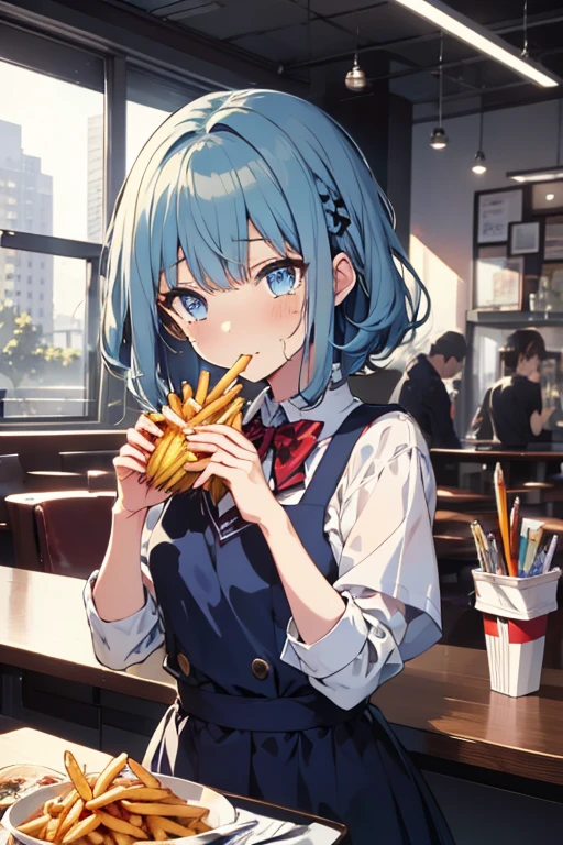 (((beautiful detailed)))(cute face:1.2)1girl, A girl stuffing her face with french fries, Girl crying while eating a pile of french fries, Inside a 2000s-style diner, 1950s-style interior, light Navy blue hair, blue eyes, A short-sleeved white shirt with four vertical bow ties, Ahoge, long bob cut with fluffy hair(sharp lines:1.2)(clear line:1.2)(eye details:1.3)(thick border:1.4) animation cel style,ligne claire, limited palette((masterpiece, high quality, best quality))(low contrast: 0.5),Anna yanami, blue hair, blue eyes, school uniform, makeine, too many losing heroines,Watercolor style, watercolor pencil, paper texture,90s style,Anna yanami, blue hair, blue eyes, school uniform, makeine, too many losing heroines, 