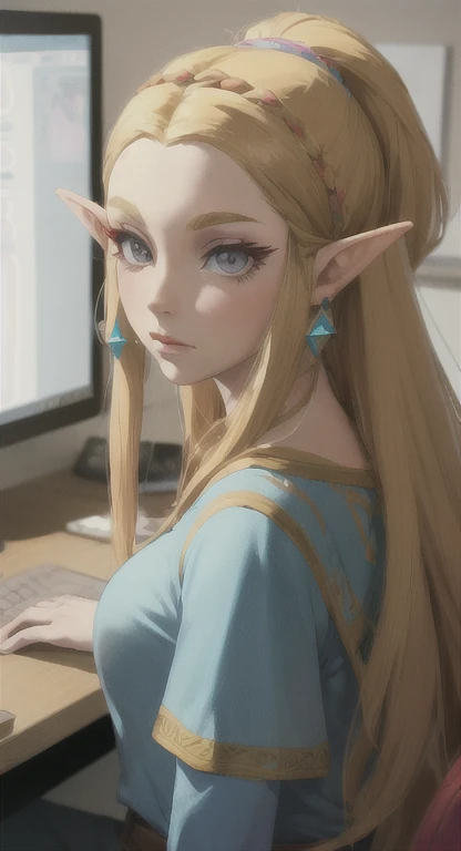 Modern Hylian, blonde, gamer girl, princess Zelda, desk, looking at computer screen, long messy hair, modern Hyrule, Hyrule castle, her bedroom, Livestream, 