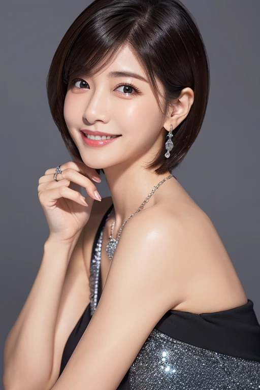 ((Short Hair)),Genuine,whole body,hostess、Beautiful older sister、非常にdetailed、detailed、((High resolution)),8k、((Kissing pose)),beautifully、Well-shaped eyes、(Korean women)、((Sexy)),Beautiful Skin、detailedな顔、(charm)、Brunette Hair、Bust Size：70 cm、(Lounge background is blurred.)、Silver Necklace、Earrings、night、Strong Eyes、Black Hair、smile,Gray cabaret long dress