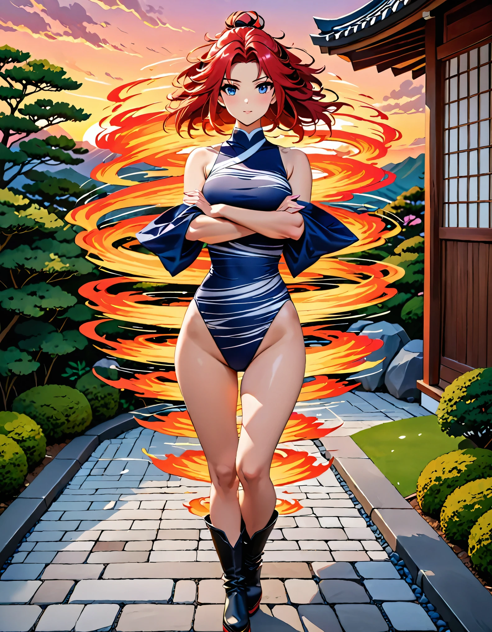 (masterpiece), (best quality), (high res), highly detailed, professional, 8k, 1woman, solo, solo focus, adult, cute and attractive woman, kunoichi, leotard, bare legs, ankle boots, red hair, dark blue eyes, Japanese Garden backdrop, sunset, cowboy shot, full body with costume. crossed arms, spins fast in place like a tornado, flame tornado, spiral lines around her, speed lines around her.