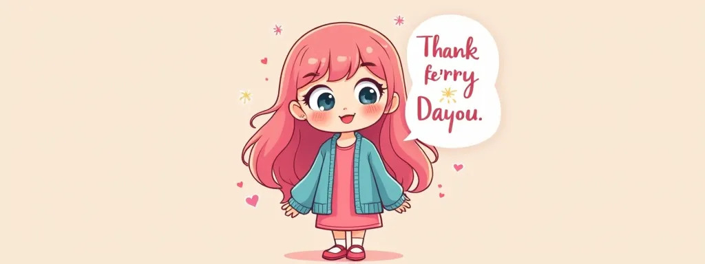 (girl, Pink fluffy long hair, Pink dress, Blue cardigan, Thick eyebrows), To tell "Thanks guys！." Cute deformation illustration