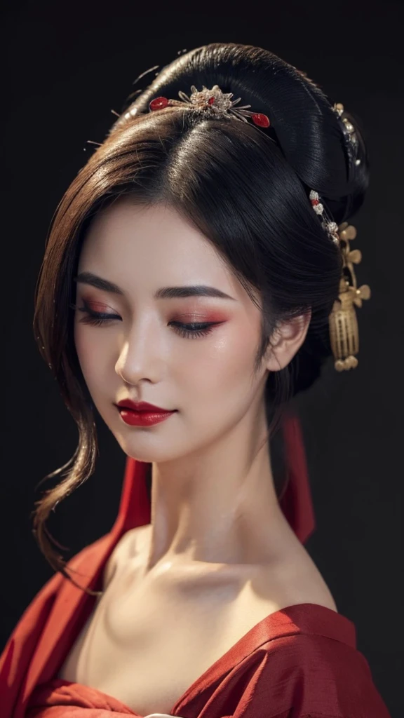 ((Top quality, 8k, Masterpiece: 1.3)), Sharp focus :1.2,   ((geisha)).   (()).   ((Body slim thin captivating)).   ultra-detailed face,   highly detailed lips,    detailed eyes,   long eyelashes,    Make-up face.   Red lipstick.  hair accessories,    hair Bun,  elegance,    enchanting,

((Red kimono)).  

((Only shows the face)).     ((Only shows the face)).    make-up face with lipstick,     both eyes closed,     both eyes closed,     both eyes closed,    both eyes closed,      both eyes closed,    both eyes closed,     ((Dark background))