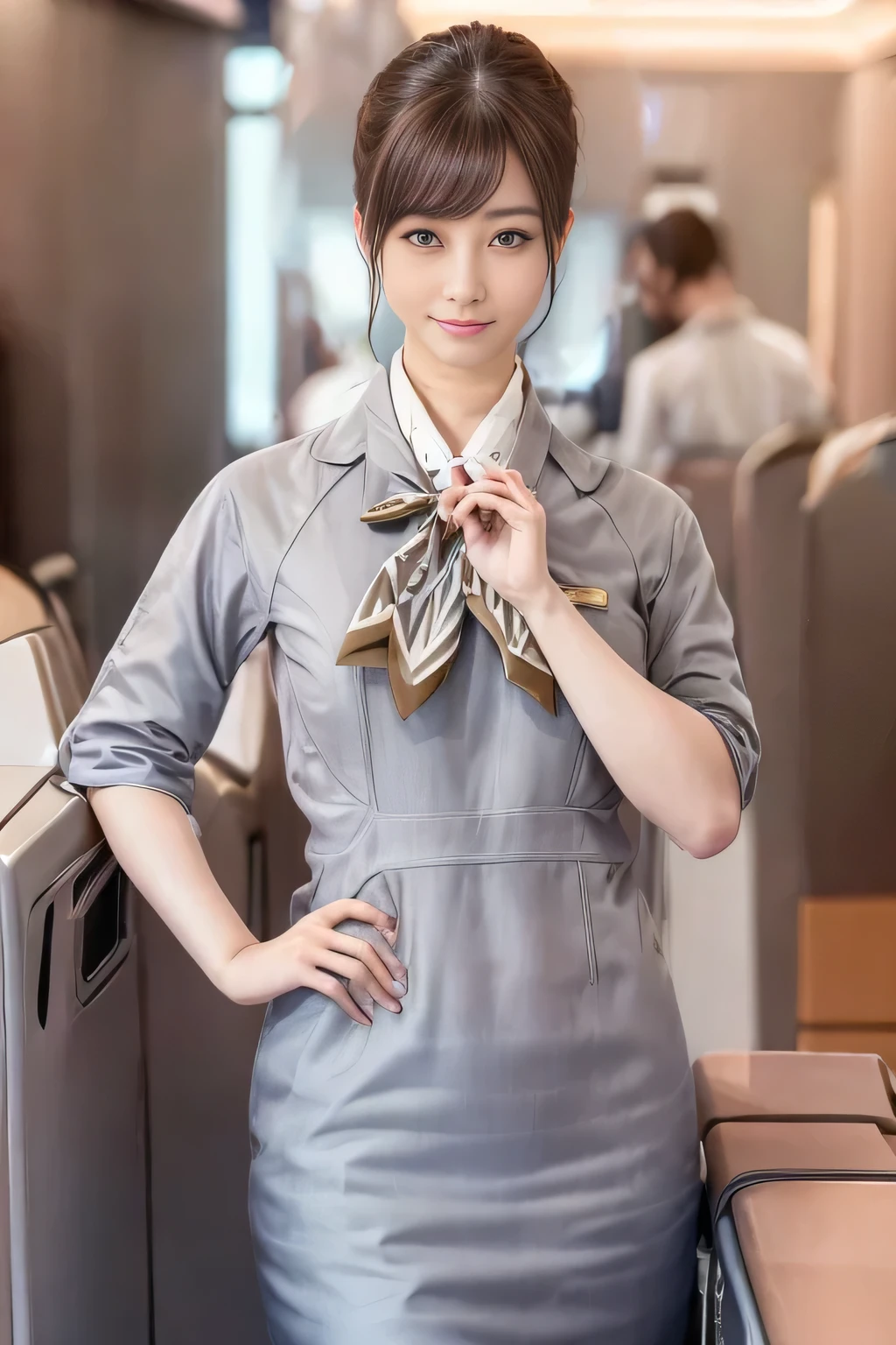 (masterpiece:1.2、Best Quality:1.2)、32kHDR、High resolution、(alone、1 girl、Slim figure)、（Starlux Airlines Cabincrew Uniform）、 (At the airport counter, Professional Lighting)、A proper woman, Beautiful Face,、（Starlux Airlines Cabincrew Uniform Short Sleeve）、（Starlux Airlines Cabincrew Uniform）、（Scarf on chest）、Big Breasts、（Long Hair、Hair Bun）、Dark Brown Hair、Long Shot、Place your hands underneath your head.、（（Great hands：2.0））、（（Harmonious body proportions：1.5））、（（Normal limbs：2.0））、（（Normal finger：2.0））、（（Delicate eyes：2.0））、（（Normal eyes：2.0））)、Beautiful standing posture、Captivating look
