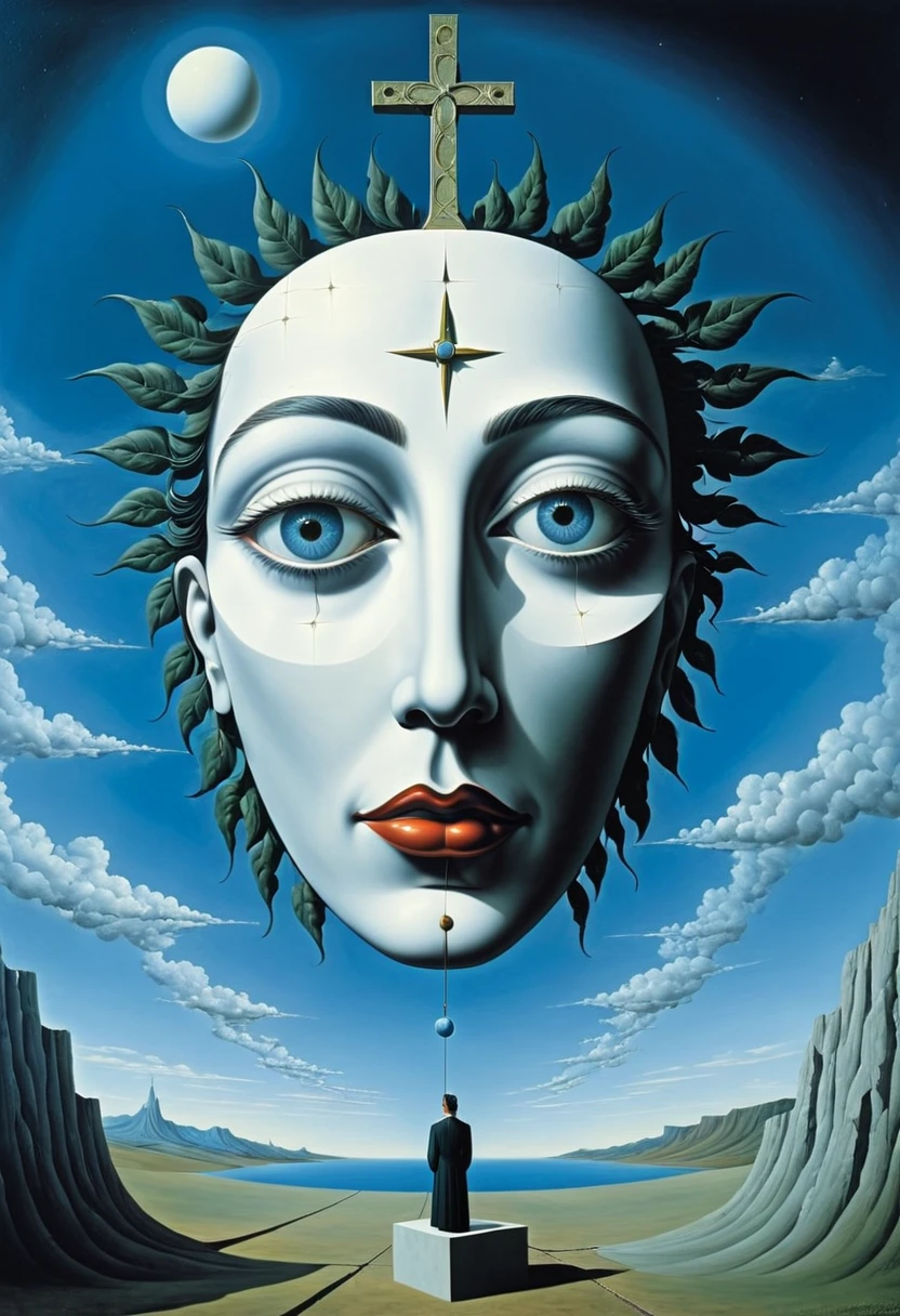 cosmic christ - surrealist style, surrealist artwrok, dream like, Salvador Dali style, Rene Magritte style, highly detailed, masterpiece, painting-like, HD