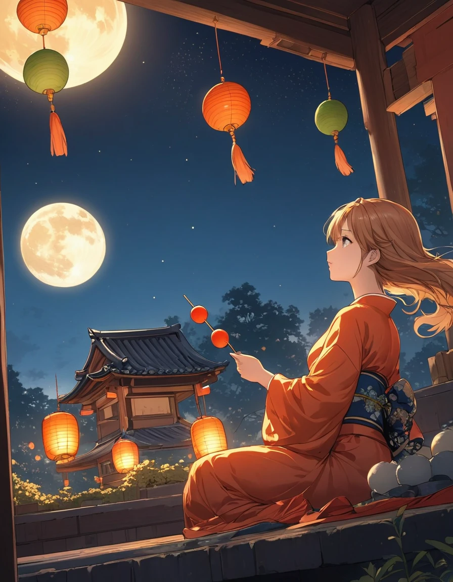 anime style, super fine illustration, highly detailed, dynamic angle, beautiful detailed, 8k, On a September night, the full moon of the Mid-Autumn Festival shines brightly. BREAK A woman in a kimono sits on a veranda adorned with moon-viewing ornaments, admiring the beautiful moon serenely. BREAK The calm night breeze gently stirs her hair as the moonlight illuminates her profile. BREAK Surrounding her are offerings of susuki grass and dango, creating a peaceful atmosphere.